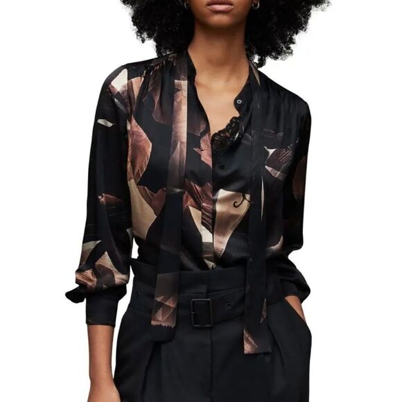 All Saints Tops - All Saints Black Satin Abstract Floral Tie-Neck Blouse with Bronze Accents